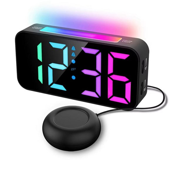 NEW Powerful VibrationS RGB Digital Alarm Clock with Mood Light Snooze 2 Alarms USB Powered for Heavy Sleeper