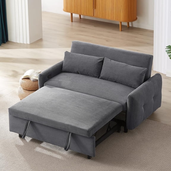 NEW Pull-Out Sofa Bed with 3-Level Backrest – 57.48 Inch Corduroy Sleeper Sofa, USB Ports & 500lb Weight Capacity for Living Room (Dark Grey)