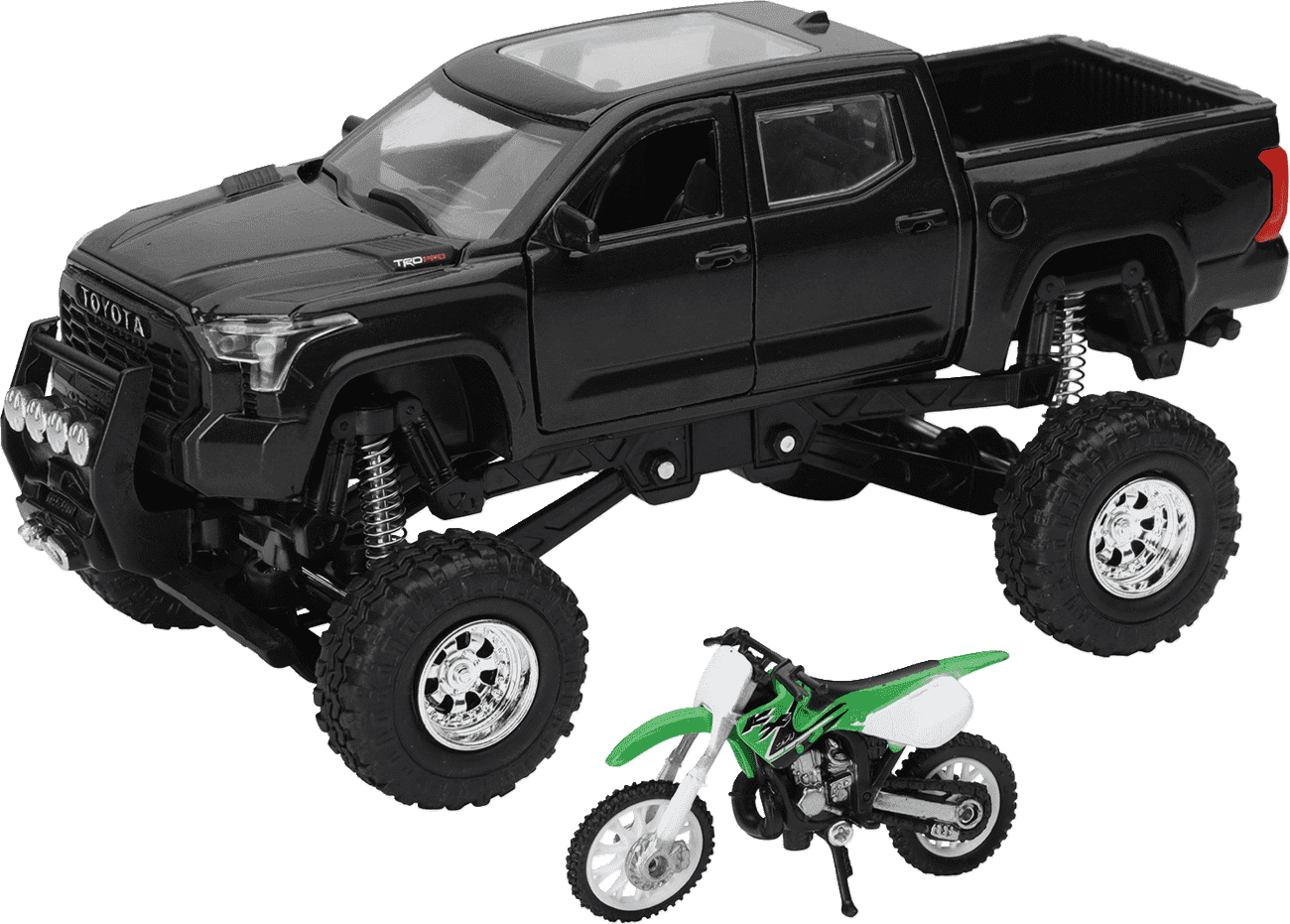 NewRay Toyota Tundra Off-Road Pickup Truck with Kawasaki Dirt Bike, 1:32 Scale, Black