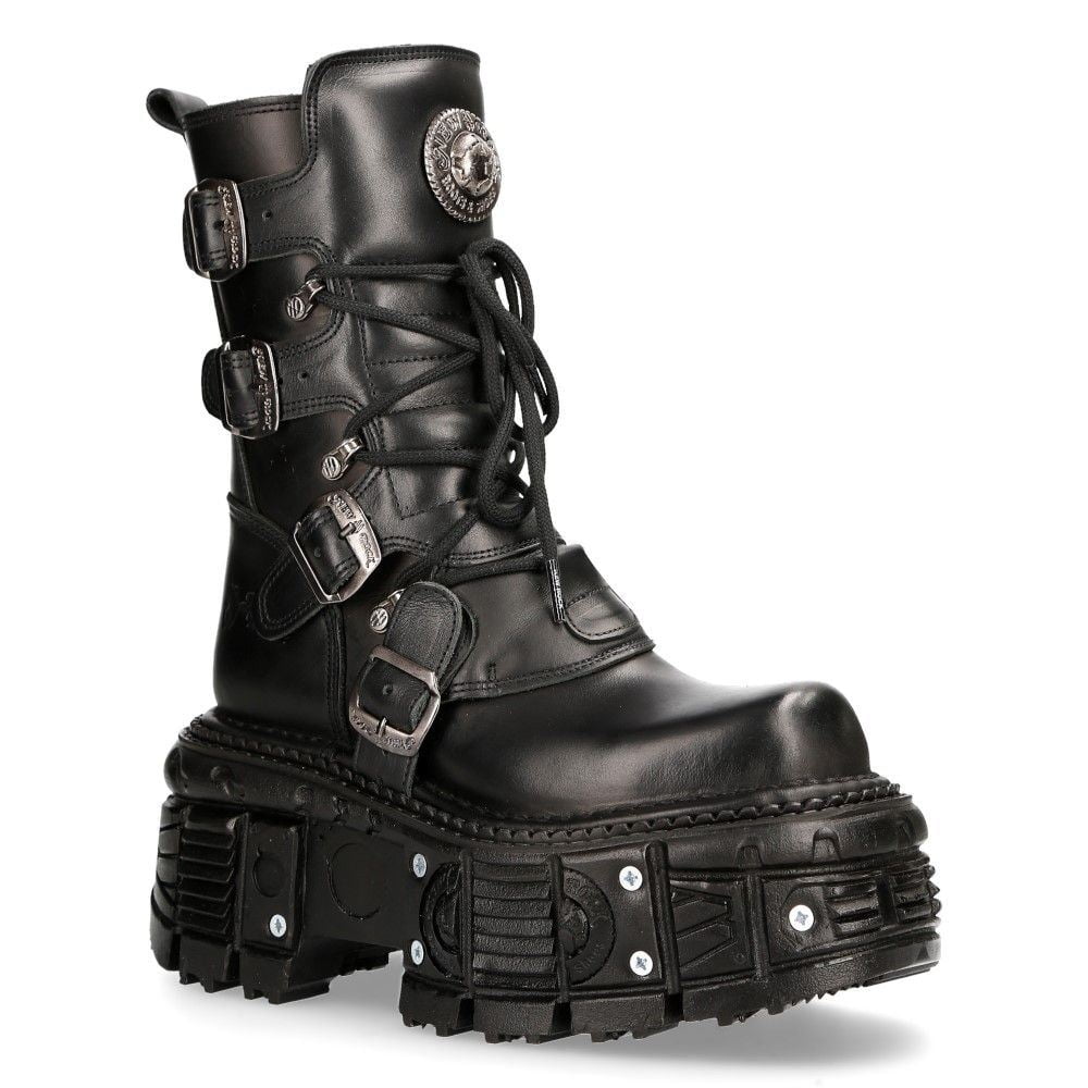 【NEW ROCK】 591-S2 (26cm) New Rock 591-S2 Black/Silver Gothic Leather Flame Boots 43