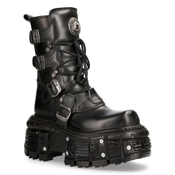 NEW ROCK BOOTS TANK373-S1 Black Leather Unisex Combat Platform Biker Goth Shoes 43