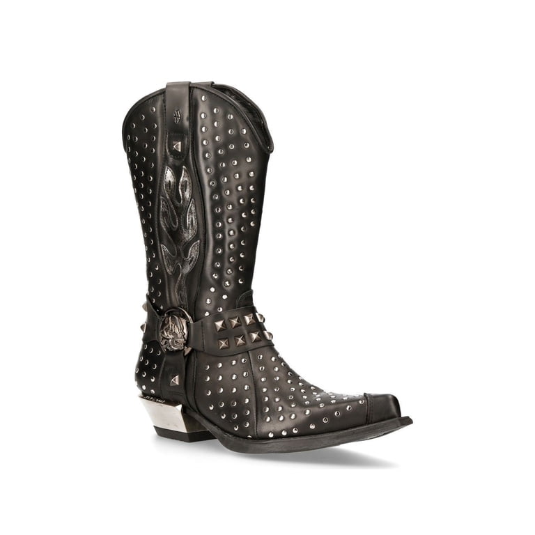 NEW ROCK M-7928-S1 WESTERN COWBOY BOOTS Black Leather Heavy Biker 