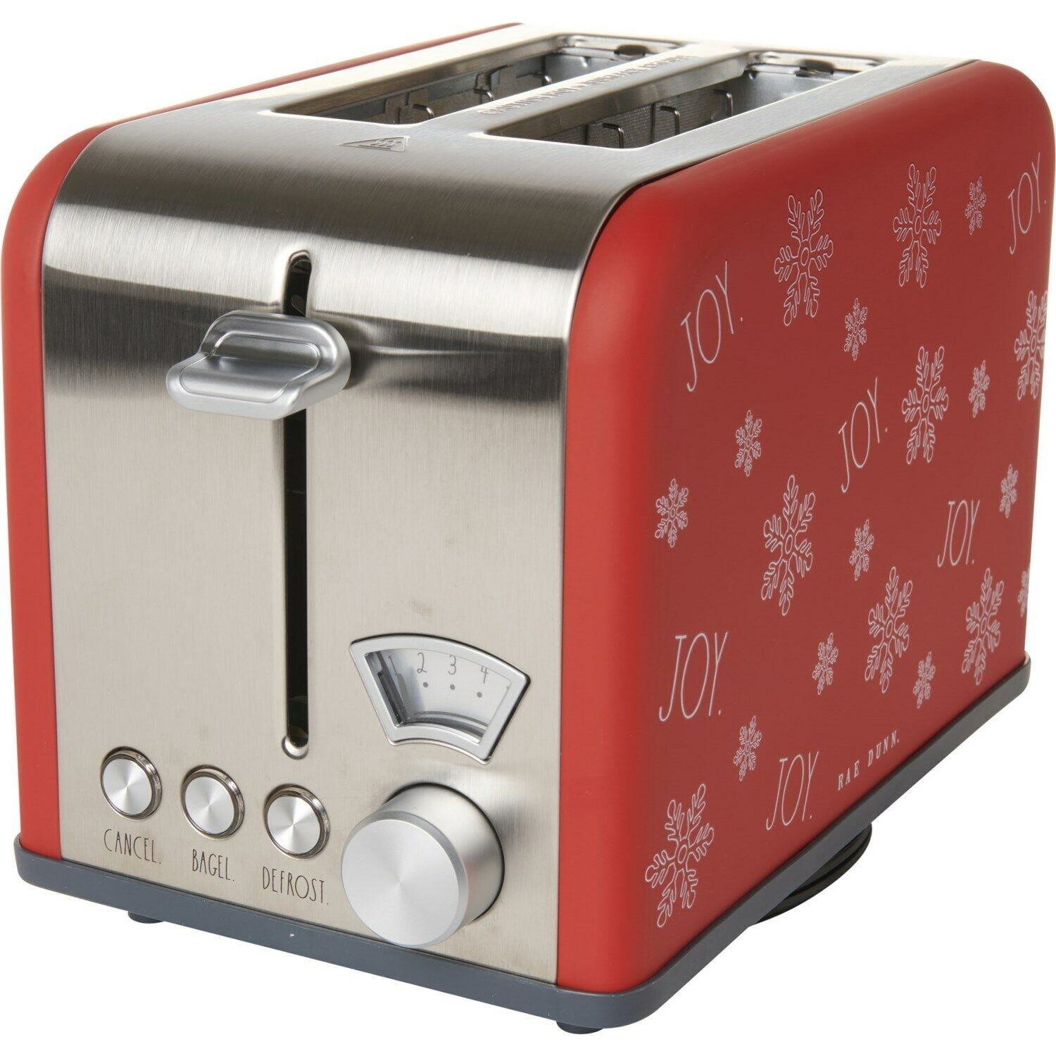 Rae Dunn Stainless Steel high quality 2 Slice Toaster Wide Slot Red Sides w JOY Snowflakes