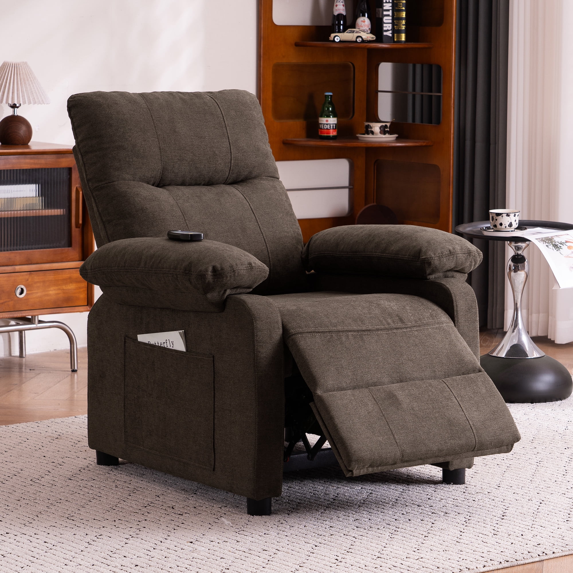 NEW Recliner Chair: Manual Push Back Reclining Chair with 8-Point Massage & Heating, Plush Chenille Fabric & Remote Control, Side Storage Pockets for Living Room, Bedroom, Brown
