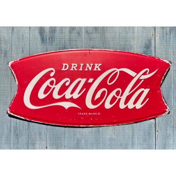 Vintage 36in X 18in Reproduction Fishtail Coke Metal Sign Coca-Cola NEW