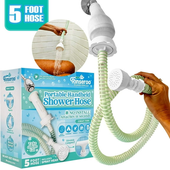 NEW Rinseroo: Slip-On Handheld Shower Attachment Hose w/Spray Head- Removable Extension Arm- Converts Fixed Shower Head into Handheld Bather. Portable, No-Install Shower Hose Wand for Seniors, RV.