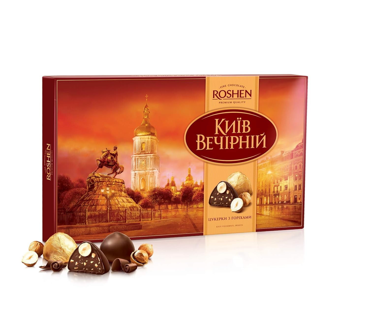 NEW Roshen Kyiv Vecherniy Chocolate Candy with Chopped and Hazelnuts Coating, Premium Gift Box 12.42oz/352 grams