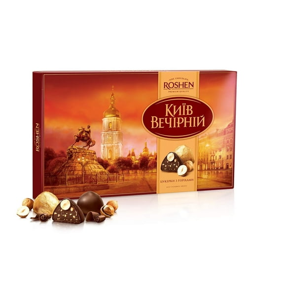 NEW Roshen Kyiv Vecherniy Chocolate Candy with Chopped and Hazelnuts Coating, Premium Gift Box 12.42oz/352 grams