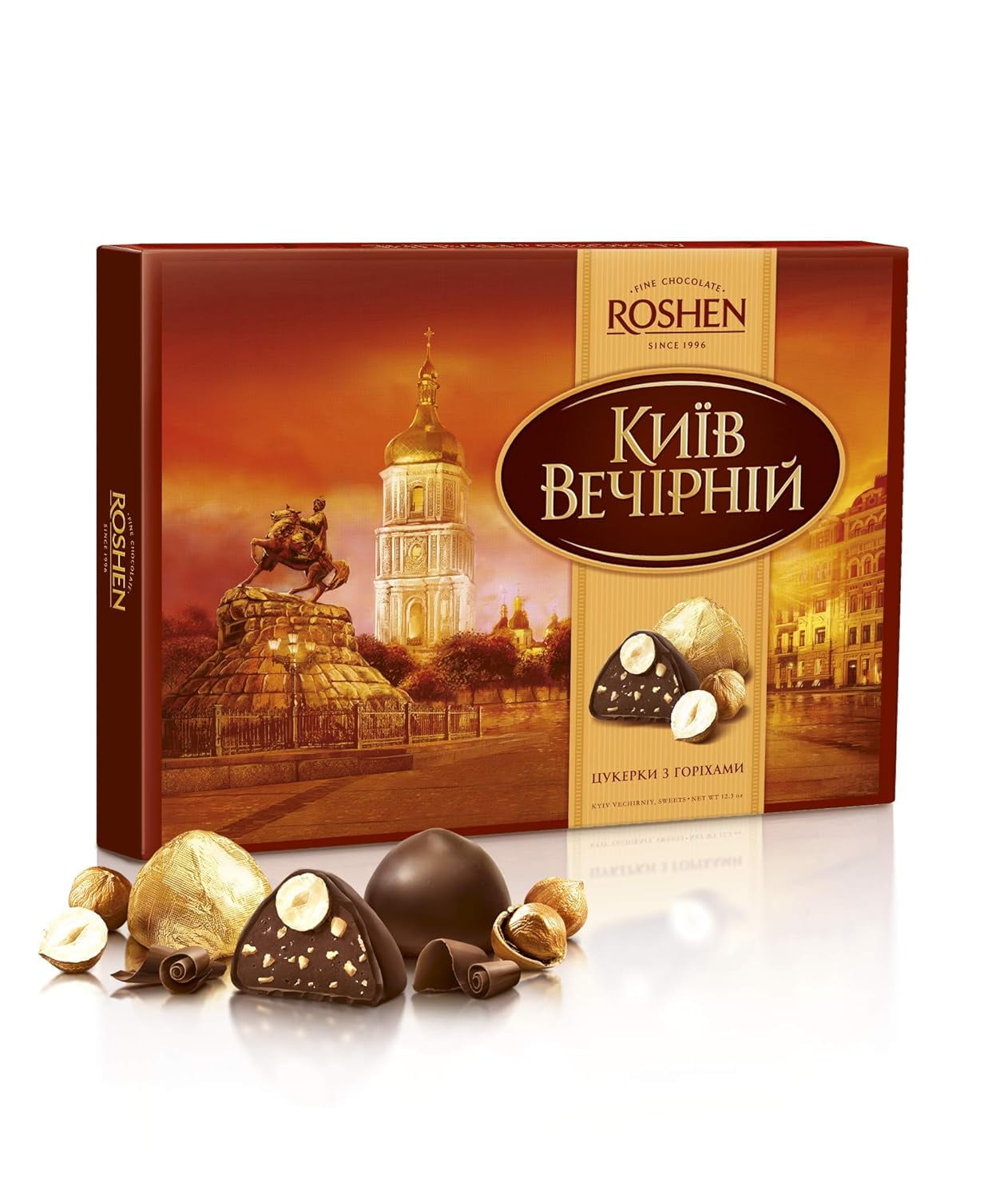 NEW Roshen Kyiv Vecherniy Chocolate Candy with Chopped and Hazelnuts Coating, Premium Gift Box 6.20oz/176 grams