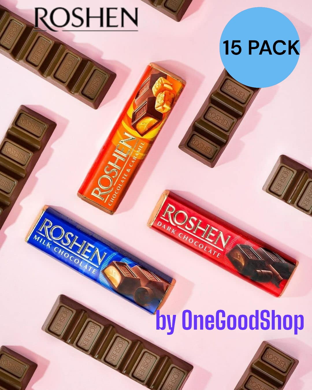 NEW Roshen Sweet Mix Chocolate Bar with Fondant Filling Pack of 15 (40 to 43 grams)each,  5 of each Flavor