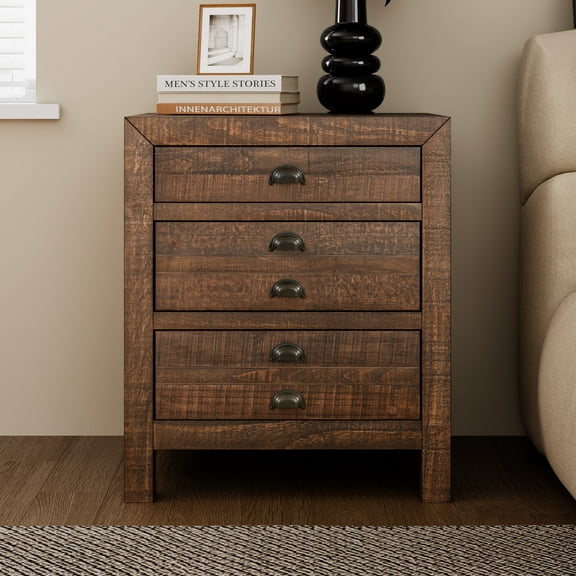 NEW Rustic Farmhouse 3-Drawer Nightstand, Solid Pine Wood with Charging Station, Brown, 22"W Cup Pull Handles