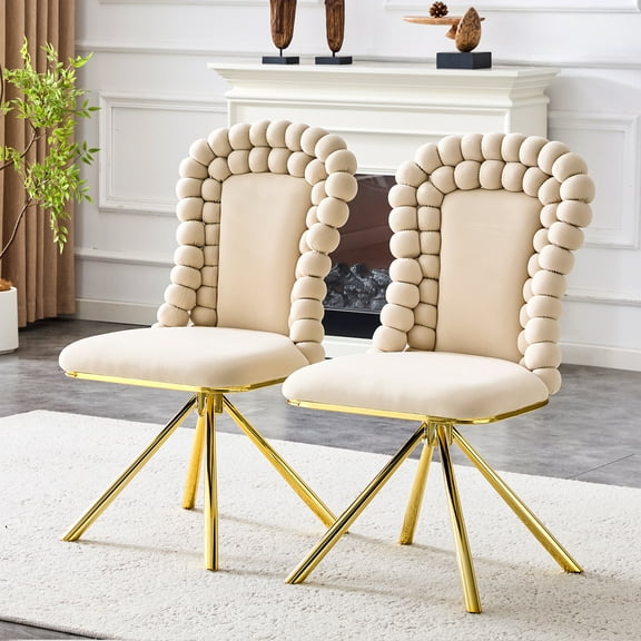 NEW Set of 2 Beige Puffy Bubble Chair Ball Chain Chair Velvet Dining Chairs with Gold Legs, Modern Upholstered Accent Chairs for Dining Room & Kitchen