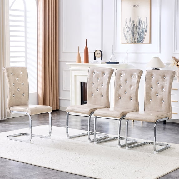 NEW Set Of 4,Retro Alligator Skin Upholstered Dining Chairs,With Crystal Buckle Design And Faux Leather Design,A Touch Of Elegance And Mystery To The Dining Area,Electroplated Metal Bow Leg