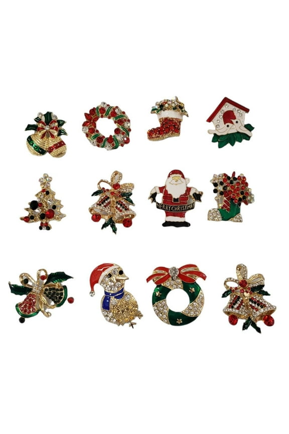 NEW Set of 12 Vintage Inspired Christmas Silver Brooch Lot/ Holiday Brooch / Christmas Tree/ Snowman/ Xmas Pin Lot / Party Favor/