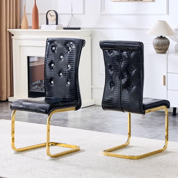 NEW Set of 2 Retro Faux Leather Dining Chairs with Crystal Buckles, Alligator Texture Upholstery & Metal Bow Legs