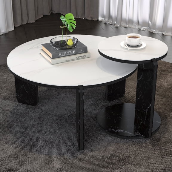 NEW Set of 2 Round Nesting Coffee Tables, 33" & 17" White Sintered Stone Top Sofa & Side Tables for Small Living Room, Bedroom