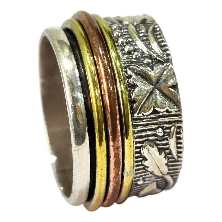 Spin Band Ring with Tri Tone Bands Yellow and Rose Gold Over Sterling Silver Spin Band Ring with Tri Tone Bands Yellow and Rose Gold Over Sterling Silver
