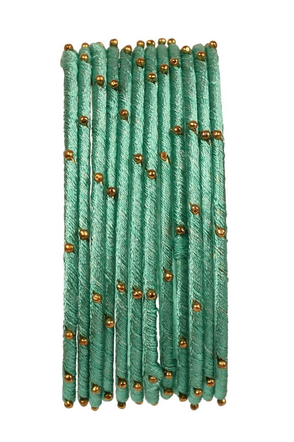 NEW! Sunsoul By Touchstone "Silk Thread Bangle Collection" Indian Bollywood Handcrafted Faux Silk Thread with Golden Beads Exotic Passionate Mint Green Designer Bangle Bracelets Set of 12 For Women.