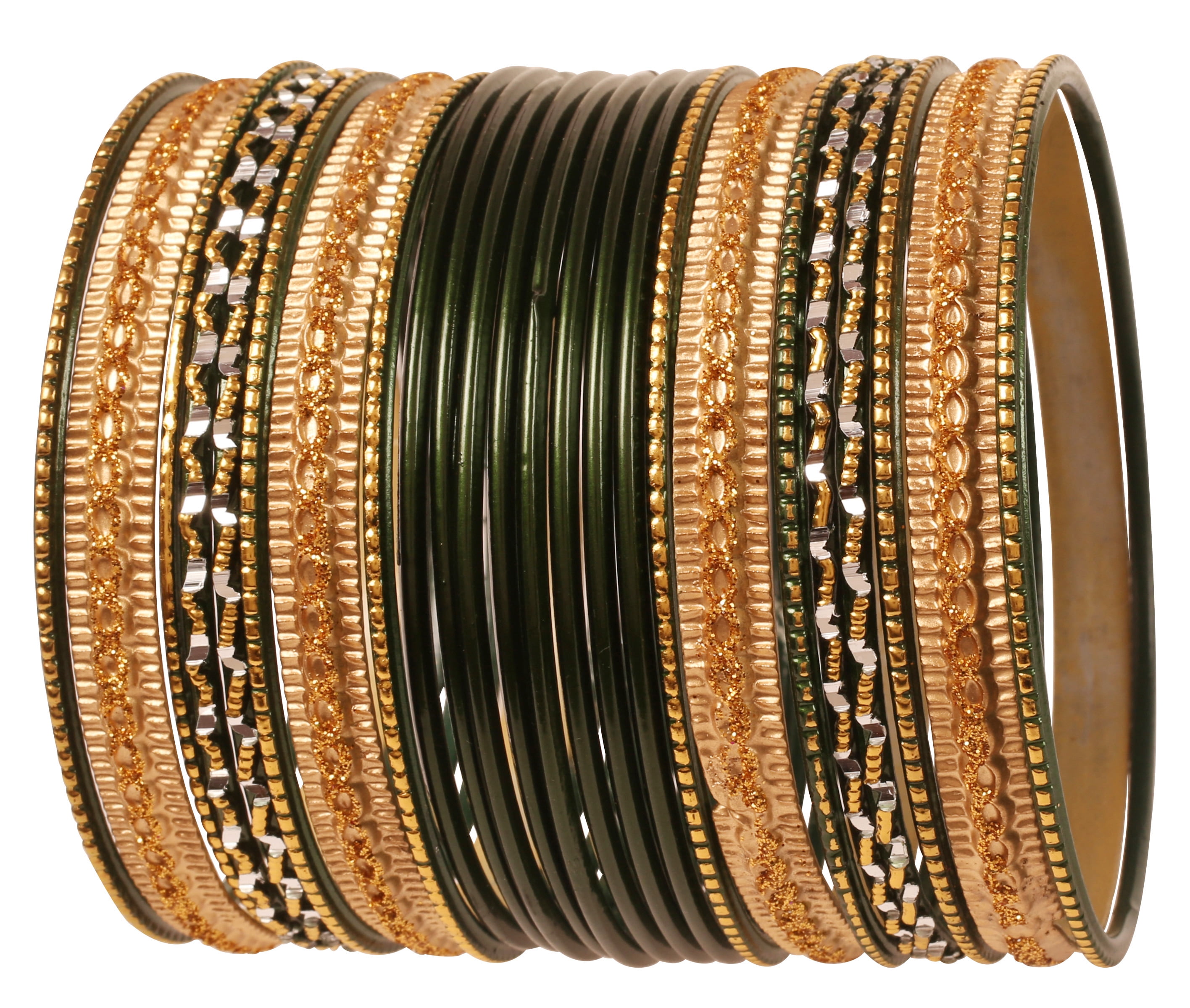 NEW! Sunsoul by Touchstone "Colorful 2 Dozen Bangle Collection" Indian Bollywood Alloy Metal Textured Henna Green Golden Special Large Size Bangle Bracelets Set Of 24. In Antique Gold Tone For Women.