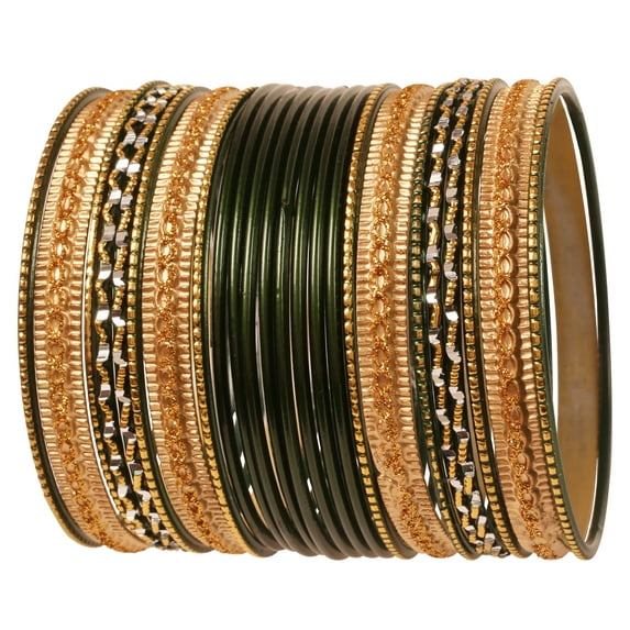 NEW! Sunsoul by Touchstone "Colorful 2 Dozen Bangle Collection" Indian Bollywood Alloy Metal Textured Henna Green Golden Special Large Size Bangle Bracelets Set Of 24. In Antique Gold Tone For Women.