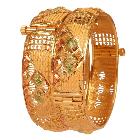 NEW! Sunsoul by Touchstone Indian Bollywood Beautiful Hand Cut Mesh Work Jaipur Meenakari Enamel Style Defining Designer Jewelry Openable Kada Bracelets Bangle In Gold Tone. Set Of 2. For Women.