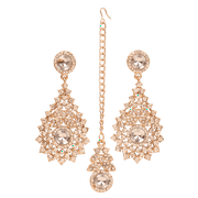 NEW! Sunsoul by Touchstone Indian Bollywood Exotic Petals Studded Diamond Look Sparkling Rhinestone Designer Jewelry Chandelier Earrings Mangtika Head Accessory Combo In Gold Tone For Women.