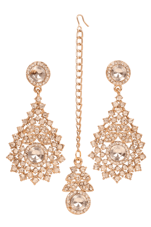 NEW! Sunsoul by Touchstone Indian Bollywood Exotic Petals Studded Diamond Look Sparkling Rhinestone Designer Jewelry Chandelier Earrings Mangtika Head Accessory Combo In Gold Tone For Women.