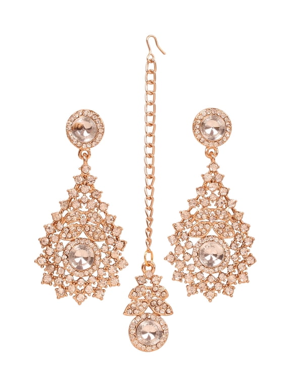 NEW! Sunsoul by Touchstone Indian Bollywood Exotic Petals Studded Diamond Look Sparkling Rhinestone Designer Jewelry Chandelier Earrings Mangtika Head Accessory Combo In Gold Tone For Women.