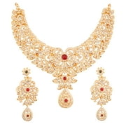 NEW! Sunsoul by Touchstone Indian Bollywood Glamorous Filigree Paisley Motif Studded Diamond Look White Rhinestones Faux Ruby Designer Bridal Jewelry Hasli Necklace Set In Gold Tone For Women