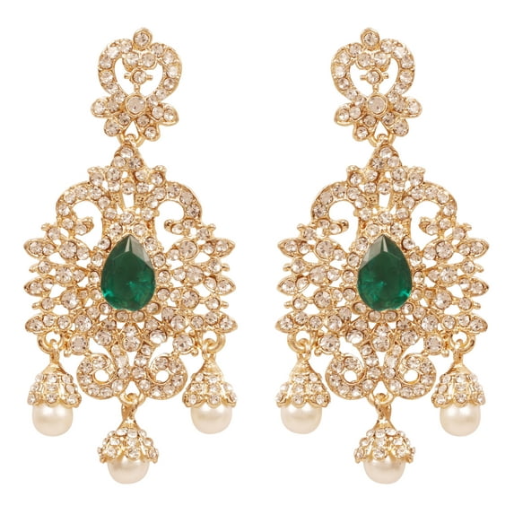 NEW! Sunsoul by Touchstone Indian Bollywood Royal Fine Filigree Grain Work Rhinestone Faux Emerald Pearls Style Defining Designer Jewelry Adorable Dangling Earrings In Gold Tone For Women.
