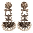 thumbnail image 1 of NEW! Sunsoul by Touchstone " Indian Oxidized Jewelry" Finely Handcrafted By Artisans Filigree Faux Pearls Tribal Gypsy Long Designer Jewelry Earrings In Oxidized Finish For Women., 1 of 5