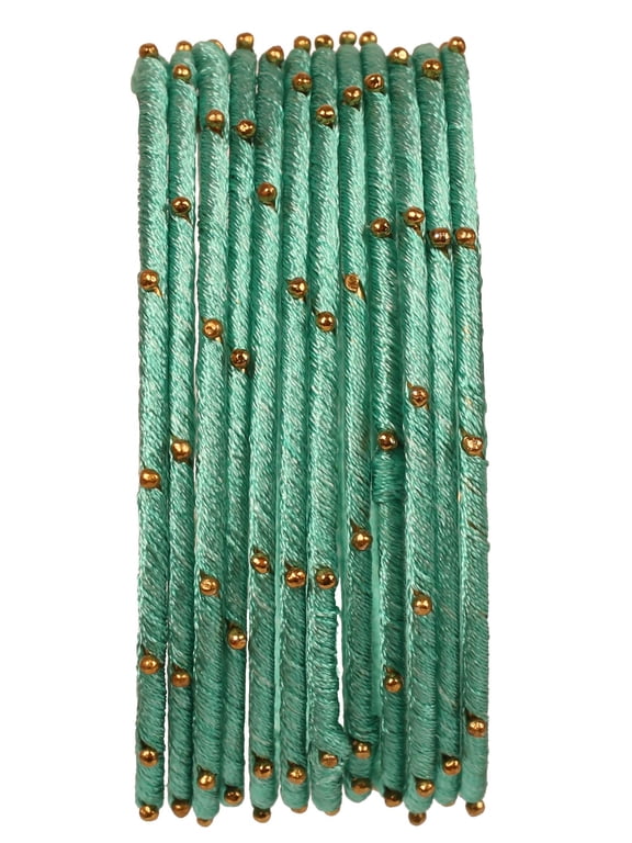 NEW! Sunsoul By Touchstone "Silk Thread Bangle Collection" Indian Bollywood Handcrafted Faux Silk Thread with Golden Beads Exotic Passionate Mint Green Designer Bangle Bracelets Set of 12 For Women.
