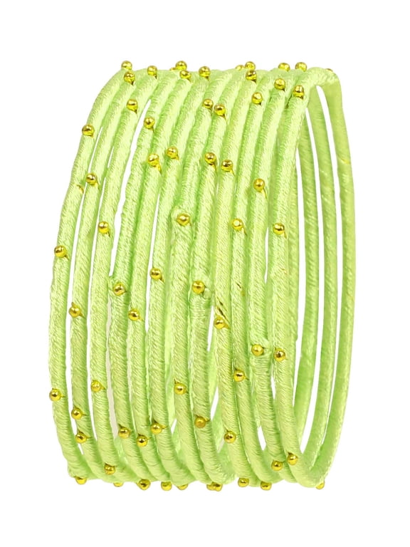 NEW! Sunsoul By Touchstone "Silk Thread Bangle Collection" Indian Bollywood Handcrafted Faux Silk Thread with Golden Beads Exotic Passionate Pistachio Designer Bangle Bracelets Set of 12 For Women.