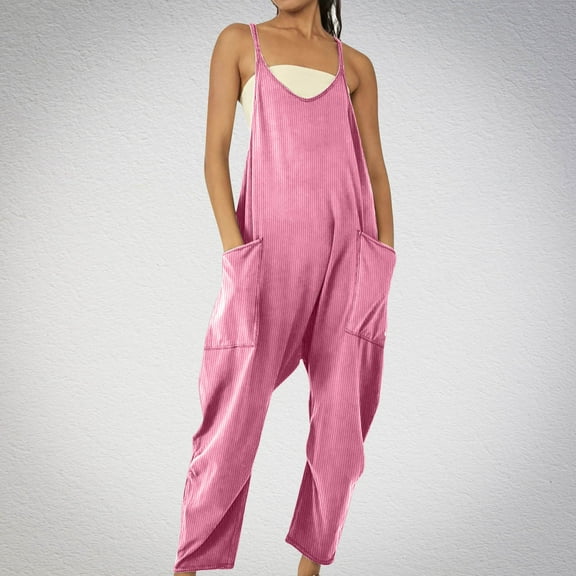 NEW TRENDY!! Toonshare Plus Size Pants Comfy Women’s Elastic Waist Summer Solid Casual With Pockets Outing Long Pants Jumpsuit Pink L