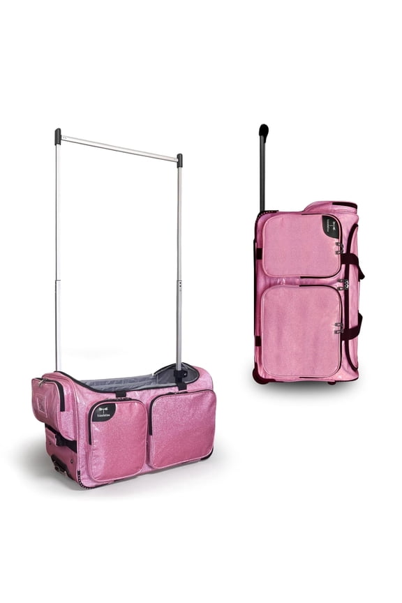 NEW! Travolution Dance Bag with Garment Rack, 23 Inch Rolling Duffel With Wheels, Ideal for Competitions & Travel, Easy-assembly Lightweight Aluminum Clothes Rack (Glitter Pink)