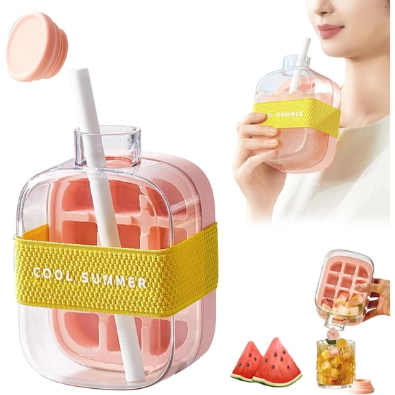 NEW Trend Ice Cube Bottle with Straw, 500/800ml 2-in-1 Touch-Free Ice Cube Tray Water Bottle, Leak-proof seal, for Coffee, Juice, and Beverages (Pink, 500ML)