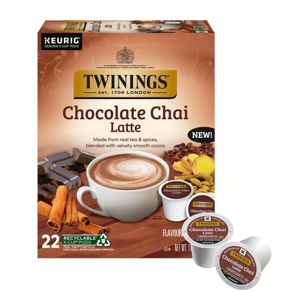 NEW Twinings Chocolate Chai Latte Tea K-Cup Pods for Keurig, 22 Count (Pack of 1), Velvety Smooth Cocoa with Real Spiced Tea, Caffeinated, Enjoy Hot or Iced
