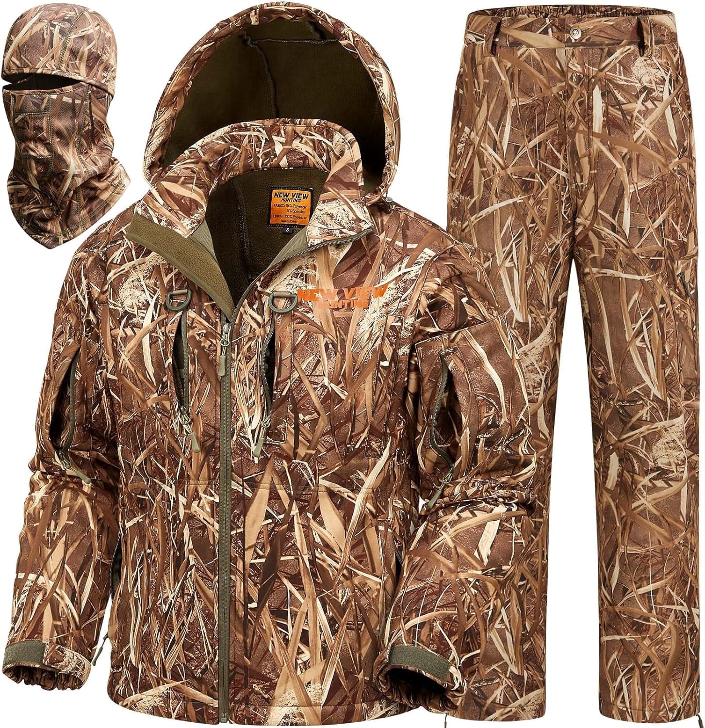 NEW VIEW Camo Hunting Clothes for Men, Quiet Warm Fleece Lining, Cold Weather Duck Hunting Jacket and Pants with Face Mask (Reeds Camo XL)