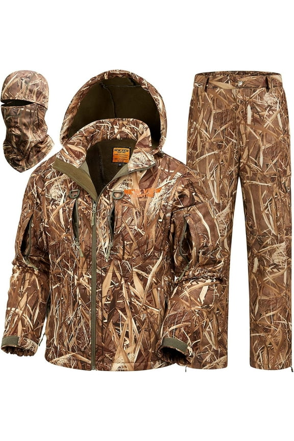 Camo Hunting Clothes for Men, Quiet Warm Fleece Lining, Cold Weather Duck Hunting Jacket and Pants with Face Mask (Reeds Camo XL)