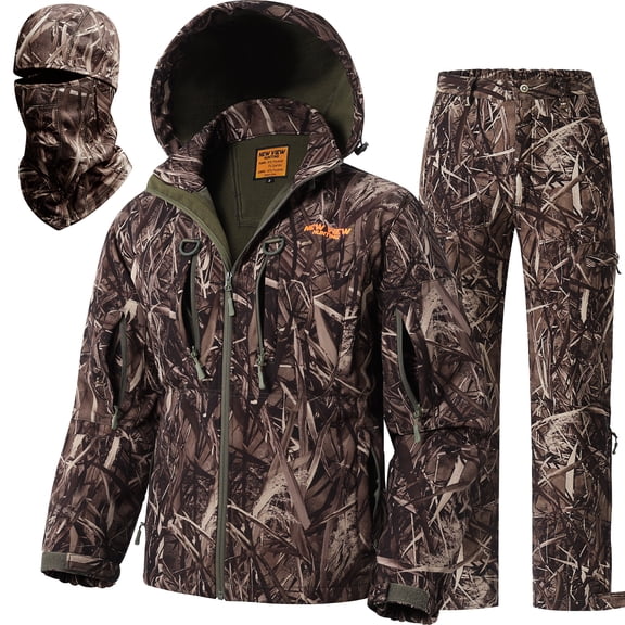 NEW VIEW Camo Hunting Clothes for Men, Quiet Warm Fleece Lining, Cold Weather Duck Hunting Jacket and Pants with Face Mask (Reeds Camo XXL)