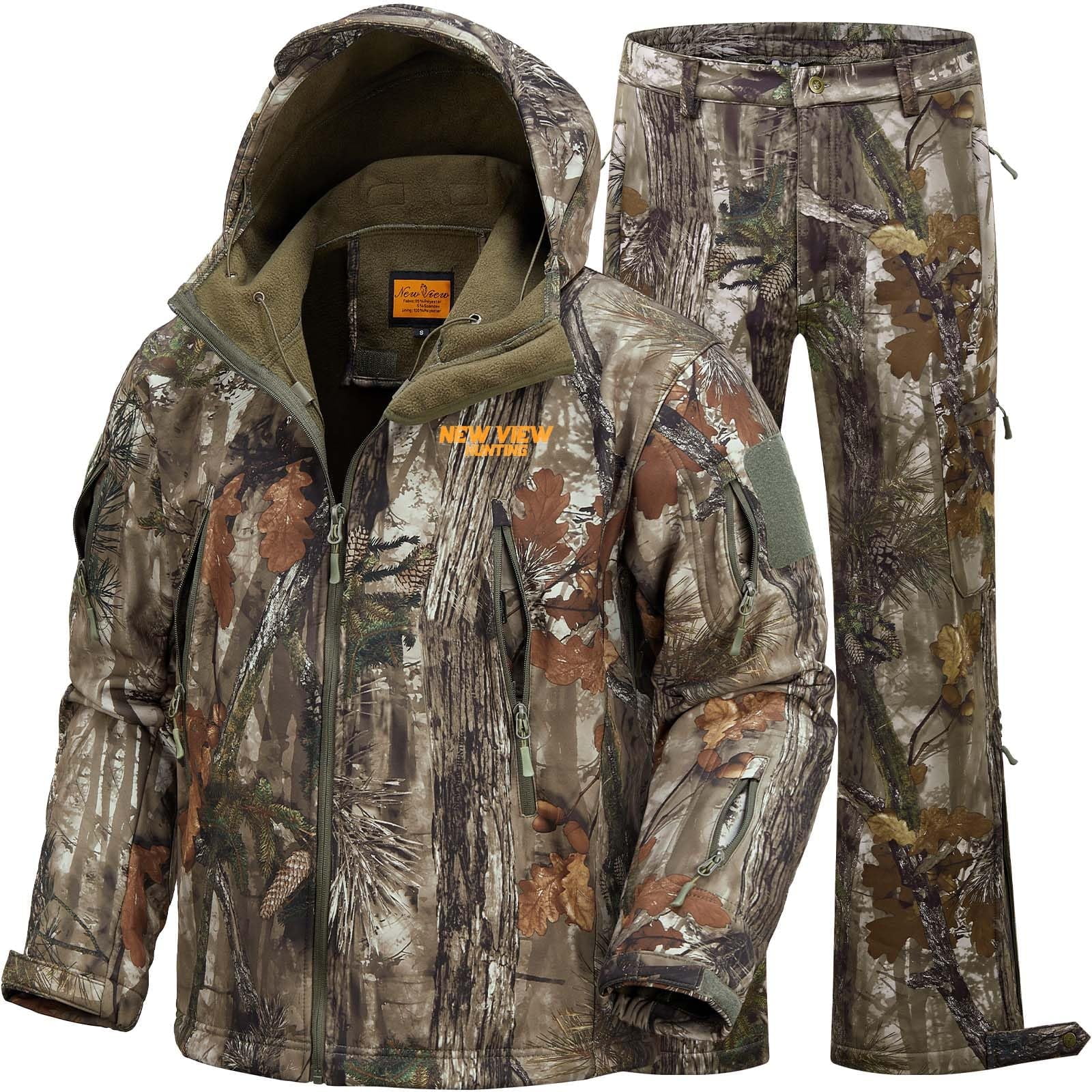 NEW VIEW Camouflage Hunting Clothes for Men, Silent Warm Hooded Jacket and Pants with Fleece Lined, Water-Resistant, Windproof Suits for Cold Weather (Leaf Camo L)