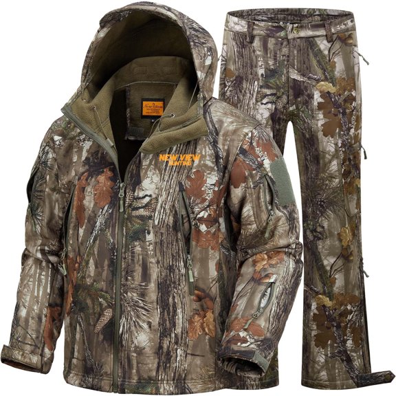 NEW VIEW Camouflage Hunting Clothes for Men, Silent Warm Hooded Jacket and Pants with Fleece Lined, Water-Resistant, Windproof Suits for Cold Weather (Leaf Camo L)