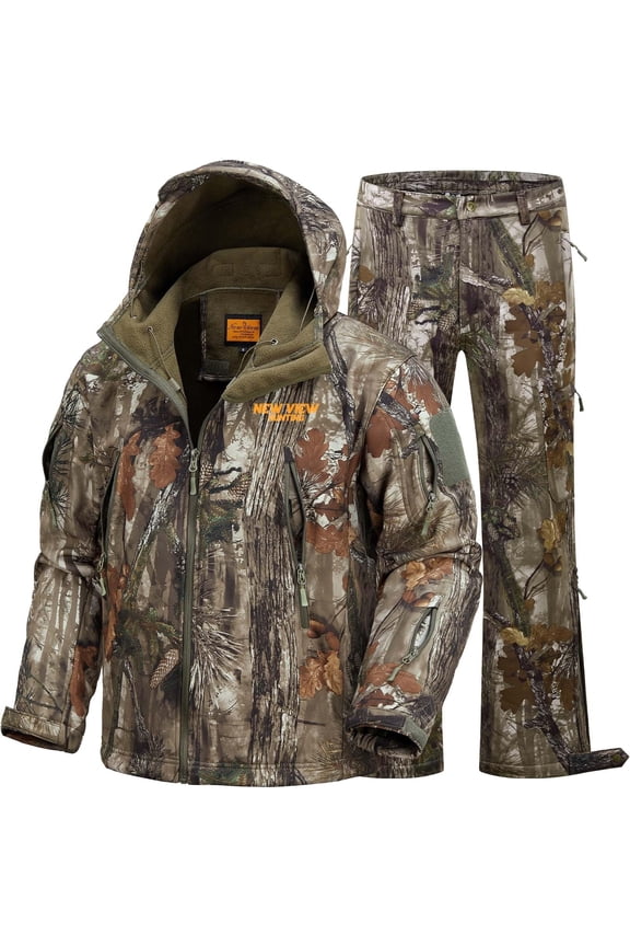 Camouflage Hunting Clothes for Men, Silent Warm Hooded Jacket and Pants with Fleece Lined, Water-Resistant, Windproof Suits for Cold Weather (Leaf Camo L)