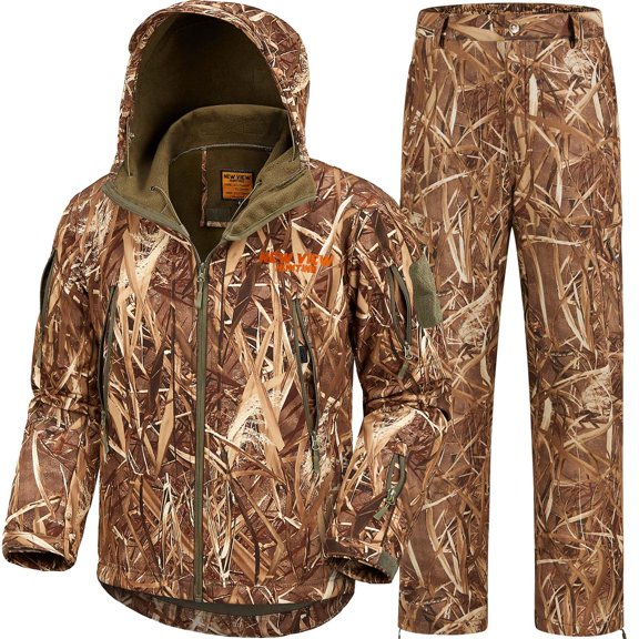 NEW VIEW Camouflage Hunting Clothes for Men, Silent Warm Hooded Jacket and Pants with Fleece Lined, Water-Resistant, Windproof Suits for Cold Weather (Reeds Camo M)