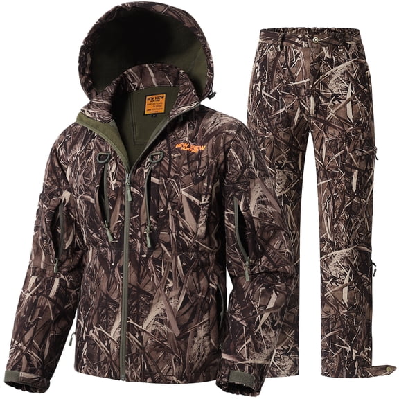 NEW VIEW Camouflage Hunting Clothes for Men, Silent Warm Hooded Jacket and Pants with Fleece Lined, Water-Resistant, Windproof Suits for Cold Weather (Reeds Camo XL)