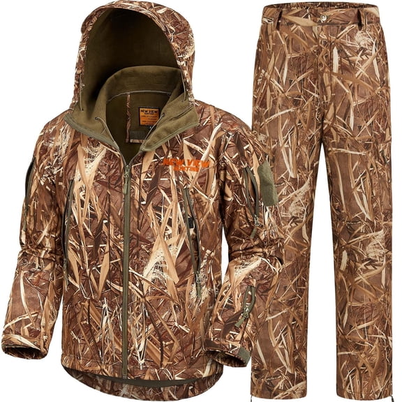 NEW VIEW Camouflage Hunting Clothes for Men, Silent Warm Hooded Jacket and Pants with Fleece Lined, Water-Resistant, Windproof Suits for Cold Weather (Reeds Camo XL)