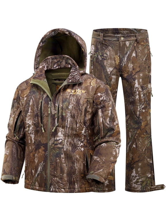 Men’s Hunting Jacket and Pants, Silent Fleece-Lined Camouflage Suit, Water-Resistant for Cold Weather