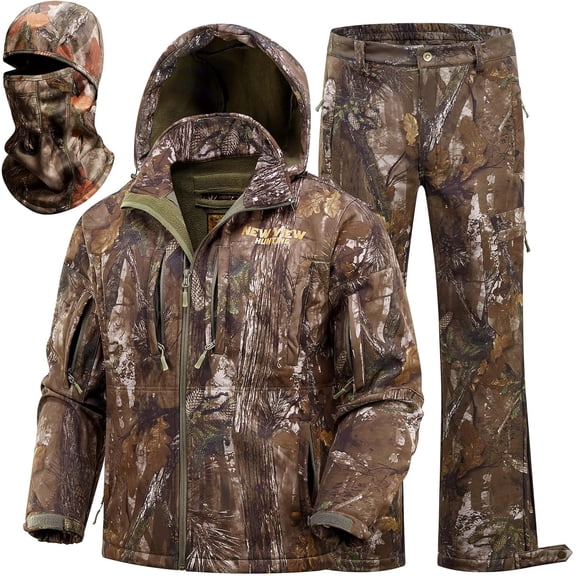 NEW VIEW Hunting Suits Camouflage Silent Fleece Lined Water-Resistant Cold Weather for Men, Jacket and Pants with Face Mask, M