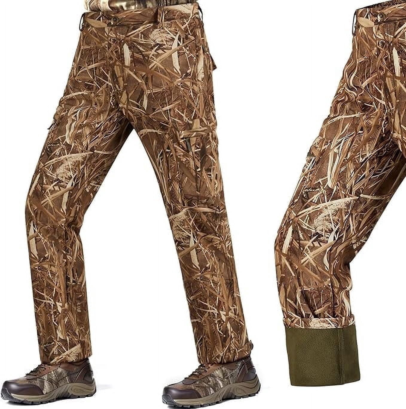 NEW VIEW Silent Camo Hunting Pants for Men Cold Weather, Fleece Lined Insulated Pants, Water-Resistant, Elastic Waist (Reeds Camo, L)