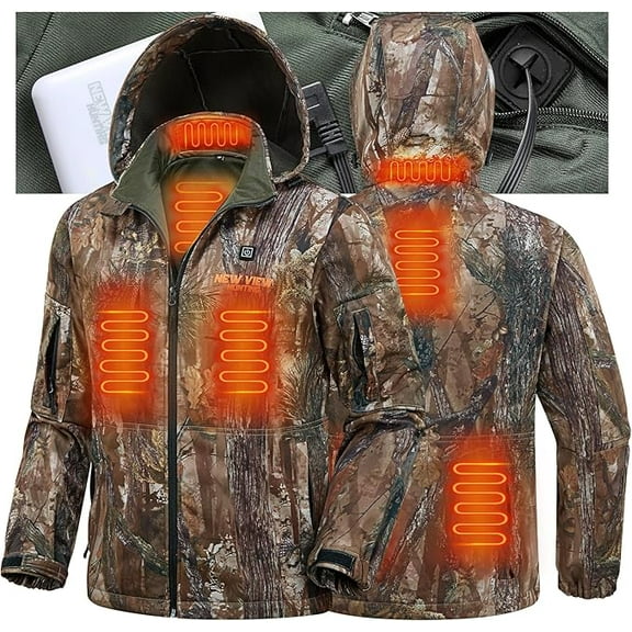 NEW VIEW Men's Heated Jacket with 10000mAh Battery Pack,Electric Heated Coat Rechargeable for Winter Outdoors Hunting Fishing